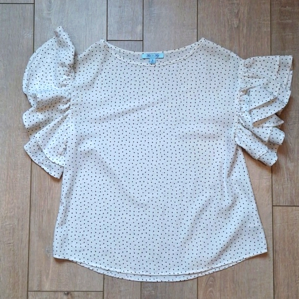 She + Sky Semi Sheer Ruffle Sleeve Top Size S Boxy Fit